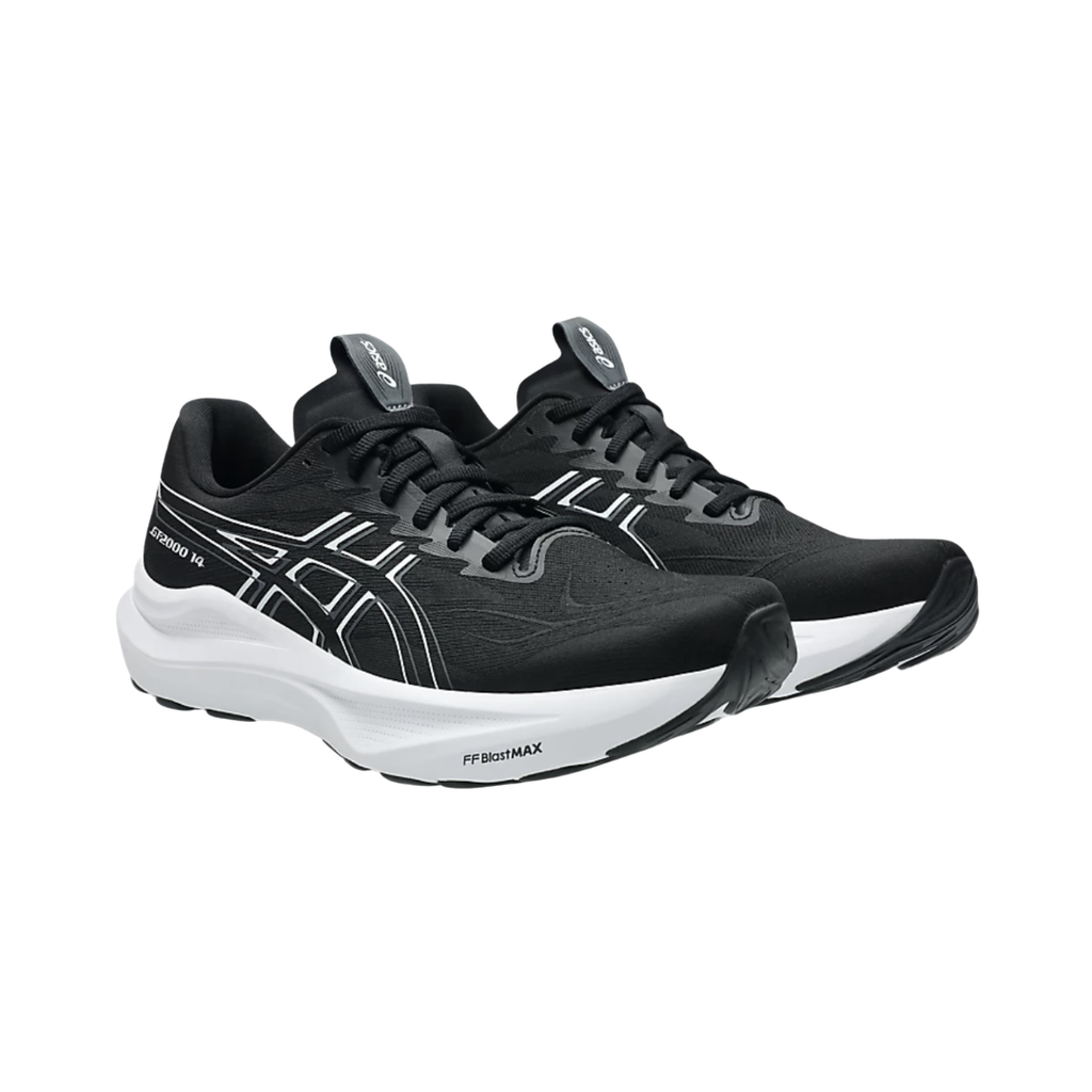 ASICS Men’s GT-2000 14 in Black/White side view showcasing the breathable woven mesh upper, 3D GUIDANCE SYSTEM™, FF BLAST™ MAX cushioning, Rearfoot PureGEL™ technology, high-cushion platform, and responsive outsole designed for adaptive stability, everyday running, walking, and long-lasting comfort.