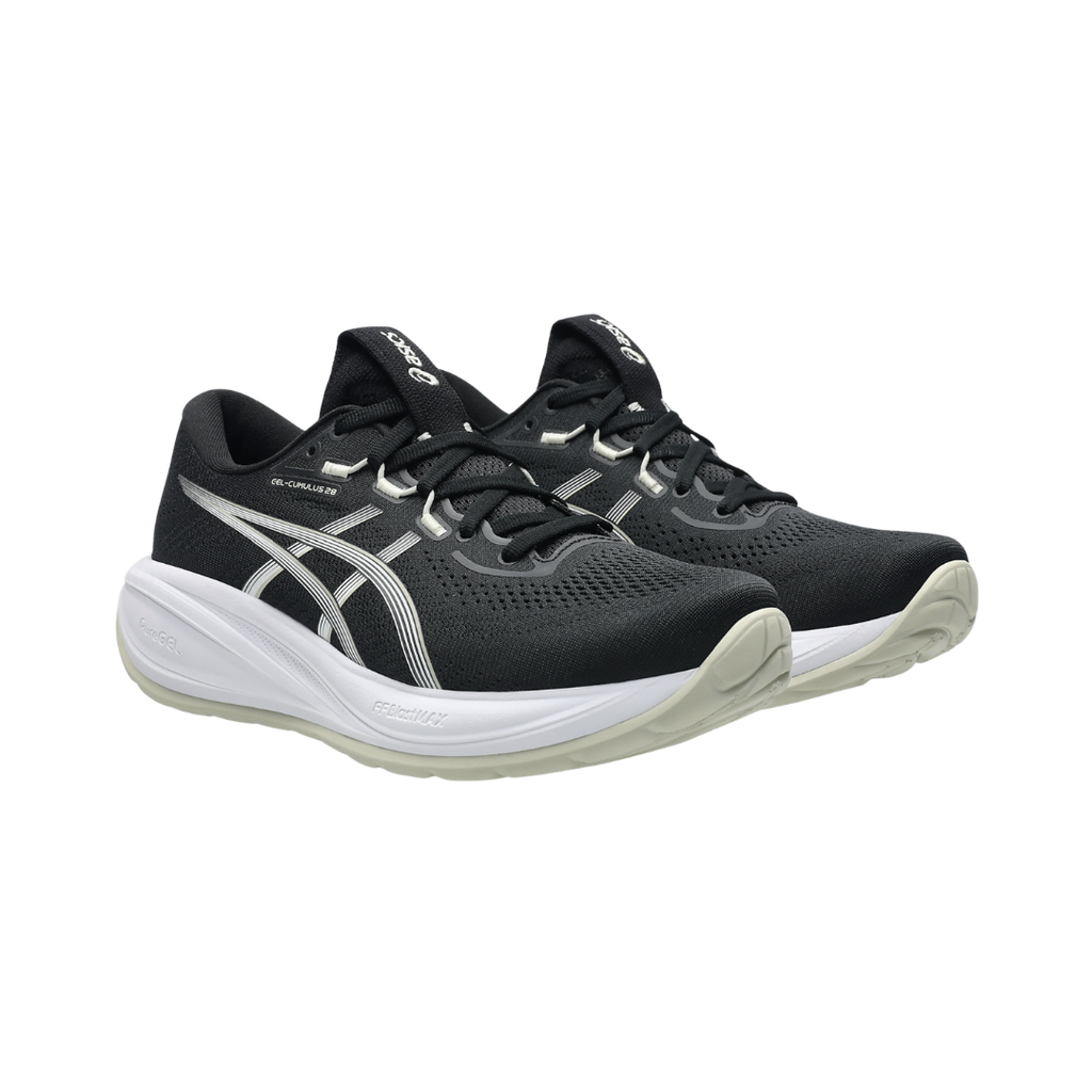 ASICS Women’s Gel-Cumulus 28 in Black/White side view showcasing the engineered mesh upper, FF BLAST™ MAX cushioning, PureGEL™ technology, high-cushion neutral running shoe design, FLUIDRIDE™ outsole, and AHAR™ LO heel rubber built for smooth transitions, everyday running, and walking comfort.