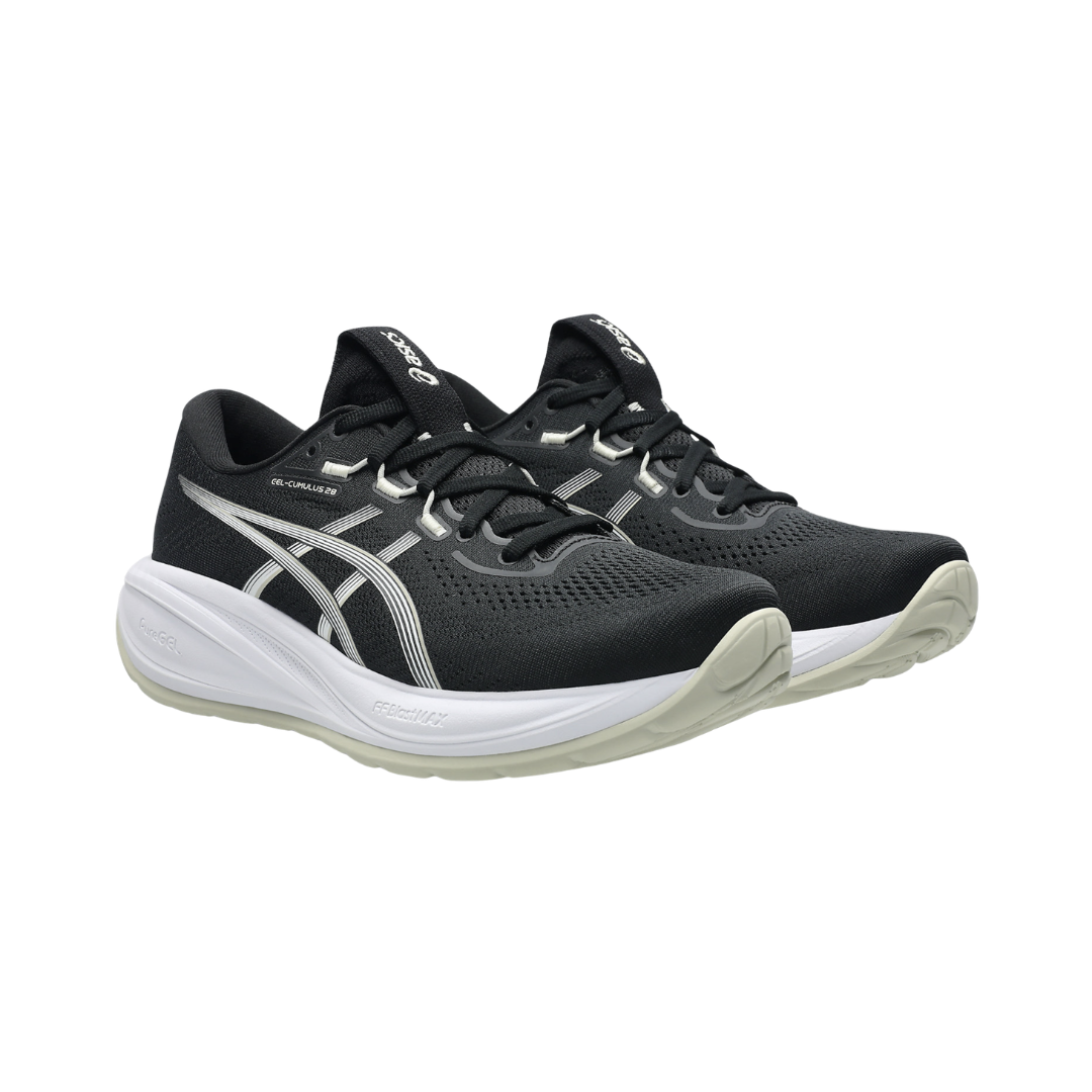 ASICS Women’s Gel-Cumulus 28 in Black/White side view showcasing the engineered mesh upper, FF BLAST™ MAX cushioning, PureGEL™ technology, high-cushion neutral running shoe design, FLUIDRIDE™ outsole, and AHAR™ LO heel rubber built for smooth transitions, everyday running, and walking comfort.