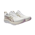 ASICS Women’s Gel-Kayano 33 in White/Hazy Lilac side view showcasing the breathable engineered mesh upper, FF BLAST™ MAX and FF BLAST™ PLUSH cushioning, Rearfoot PureGEL™ technology, FLUIDSUPPORT™ stability system, and Hybrid ASICSGRIP™ outsole designed for exceptional support, plush comfort, and everyday running performance.