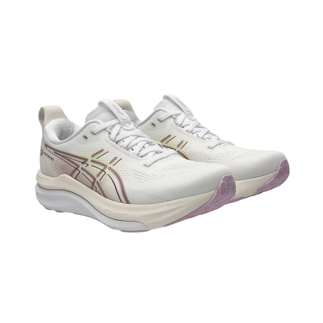 ASICS Women’s Gel-Kayano 33 in White/Hazy Lilac side view showcasing the breathable engineered mesh upper, FF BLAST™ MAX and FF BLAST™ PLUSH cushioning, Rearfoot PureGEL™ technology, FLUIDSUPPORT™ stability system, and Hybrid ASICSGRIP™ outsole designed for exceptional support, plush comfort, and everyday running performance.