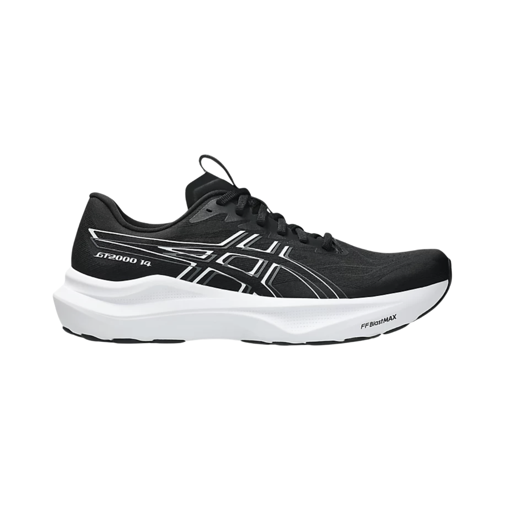 ASICS Men’s GT-2000 14 in Black/White side view showcasing the breathable woven mesh upper, 3D GUIDANCE SYSTEM™, FF BLAST™ MAX cushioning, Rearfoot PureGEL™ technology, high-cushion platform, and responsive outsole designed for adaptive stability, everyday running, walking, and long-lasting comfort.