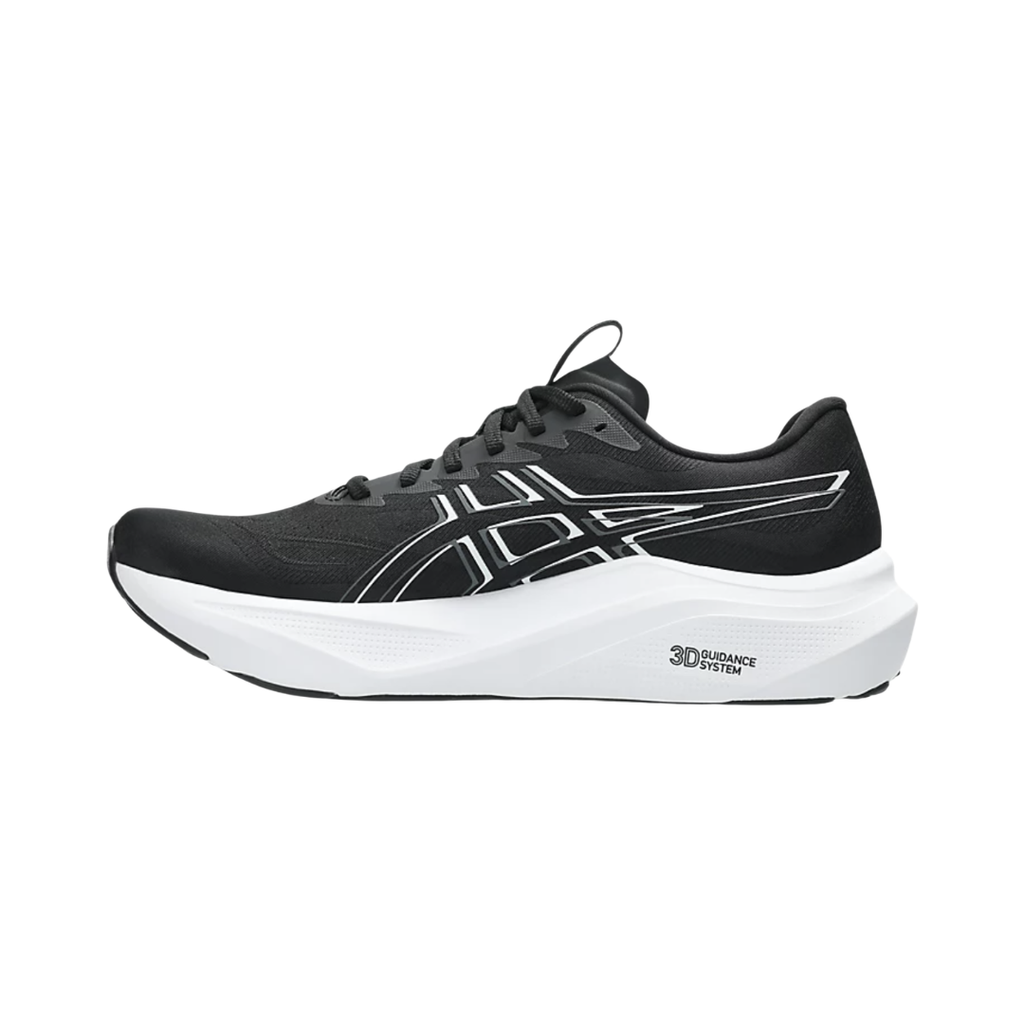 ASICS Men’s GT-2000 14 in Black/White side view showcasing the breathable woven mesh upper, 3D GUIDANCE SYSTEM™, FF BLAST™ MAX cushioning, Rearfoot PureGEL™ technology, high-cushion platform, and responsive outsole designed for adaptive stability, everyday running, walking, and long-lasting comfort.