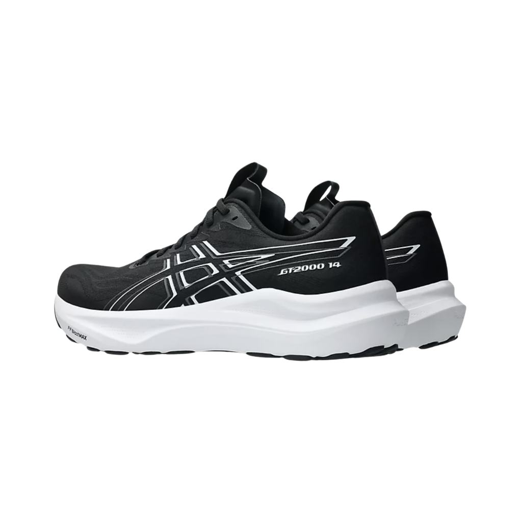 ASICS Men’s GT-2000 14 in Black/White rear heel view displaying the Rearfoot PureGEL™ cushioning, supportive heel counter, reflective details, padded collar, and AHARPLUS™ heel reinforcement engineered for shock absorption, adaptive stability, and smooth heel-to-toe transitions.