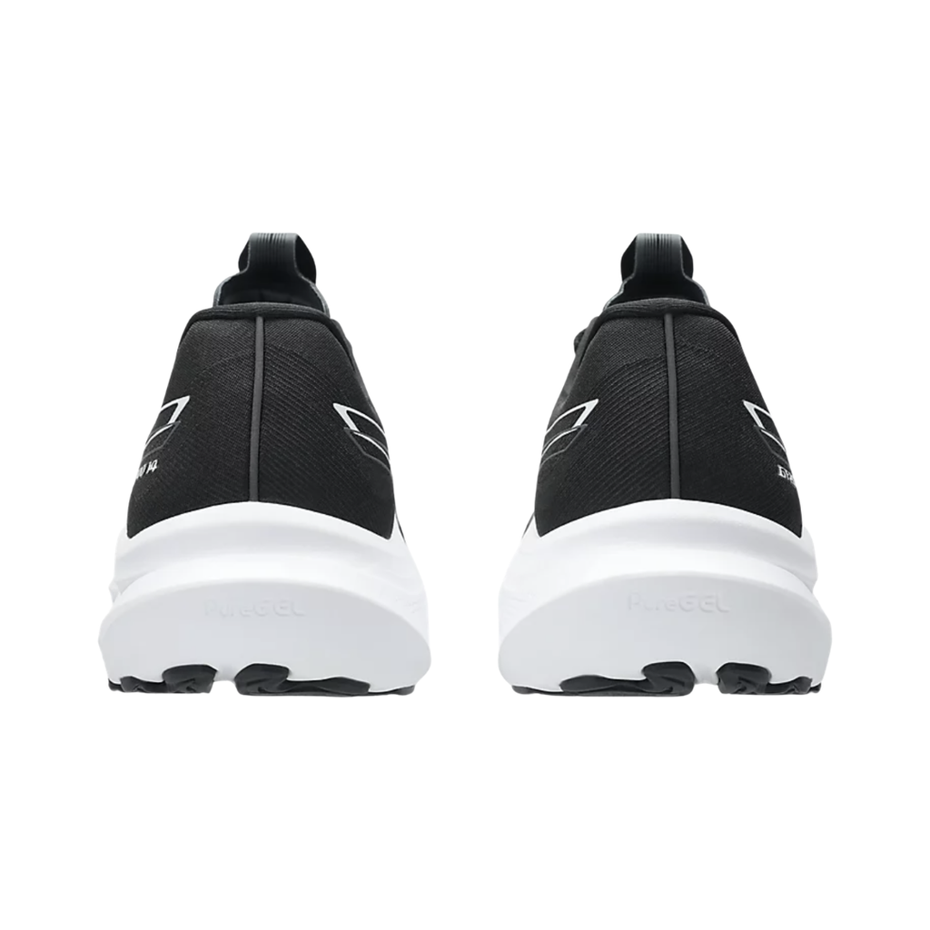 ASICS Men’s GT-2000 14 in Black/White rear heel view displaying the Rearfoot PureGEL™ cushioning, supportive heel counter, reflective details, padded collar, and AHARPLUS™ heel reinforcement engineered for shock absorption, adaptive stability, and smooth heel-to-toe transitions.