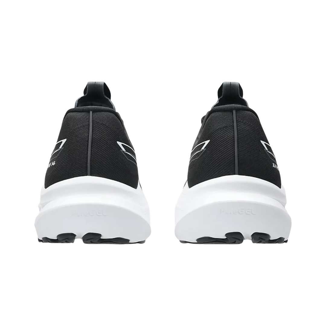 ASICS Men’s GT-2000 14 in Black/White rear heel view displaying the Rearfoot PureGEL™ cushioning, supportive heel counter, reflective details, padded collar, and AHARPLUS™ heel reinforcement engineered for shock absorption, adaptive stability, and smooth heel-to-toe transitions.