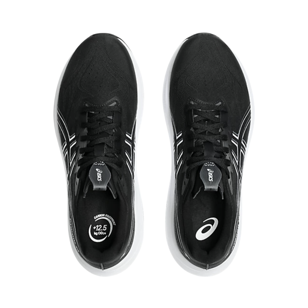 ASICS Men’s GT-2000 14 in Black/White top view showcasing the lightweight woven mesh upper, asymmetric tongue wing construction, adjustable lace system, OrthoLite™ X-30 sockliner, and supportive interior designed for a secure fit, moisture management, and premium step-in comfort.