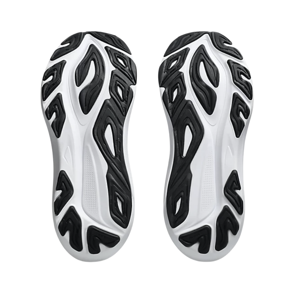 ASICS Men’s GT-2000 14 in Black/White bottom view featuring the AHAR™ LO outsole with AHARPLUS™ heel plug rubber, trampoline-inspired outsole pod, and multi-directional traction pattern engineered to provide durable grip, responsive toe-offs, flexibility, and stability for everyday running and walking.