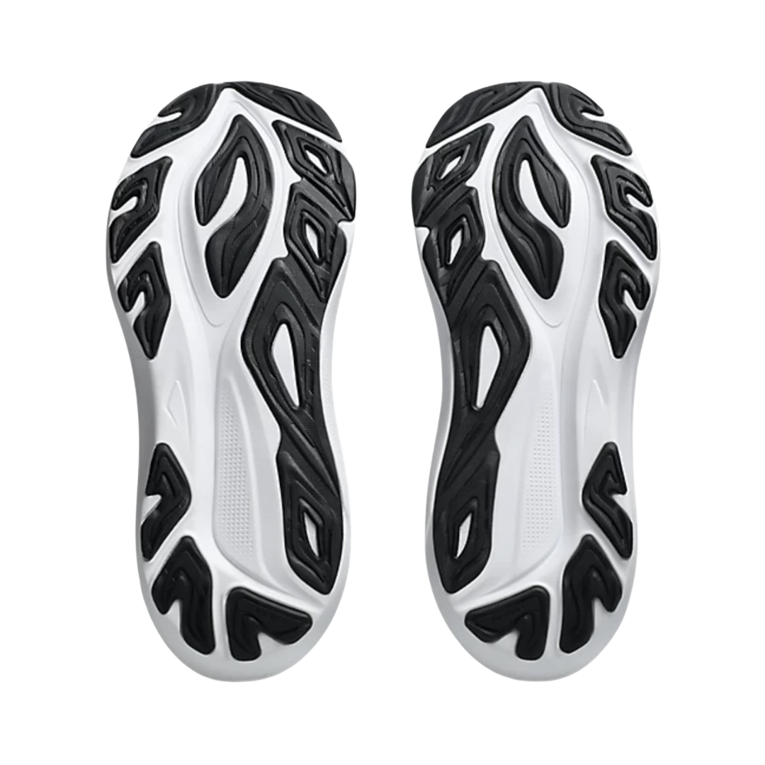 ASICS Men’s GT-2000 14 in Black/White bottom view featuring the AHAR™ LO outsole with AHARPLUS™ heel plug rubber, trampoline-inspired outsole pod, and multi-directional traction pattern engineered to provide durable grip, responsive toe-offs, flexibility, and stability for everyday running and walking.