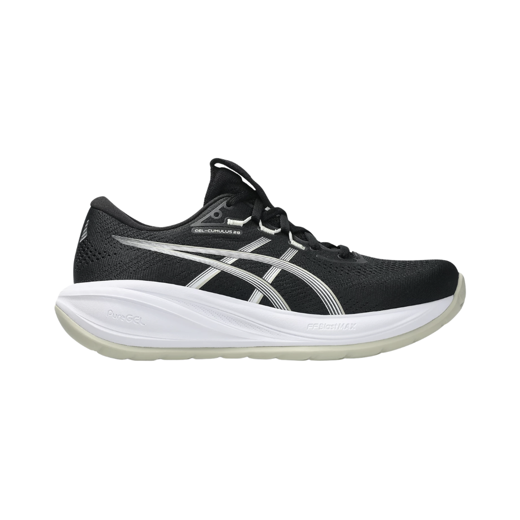 ASICS Women’s Gel-Cumulus 28 in Black/White side view showcasing the engineered mesh upper, FF BLAST™ MAX cushioning, PureGEL™ technology, high-cushion neutral running shoe design, FLUIDRIDE™ outsole, and AHAR™ LO heel rubber built for smooth transitions, everyday running, and walking comfort.
