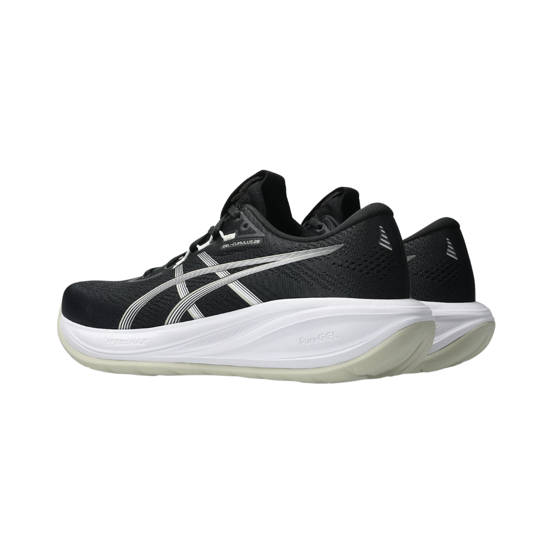 ASICS Women’s Gel-Cumulus 28 in Black/White rear heel view displaying the PureGEL™ cushioned heel, supportive heel counter, padded collar, reflective details, and durable AHAR™ LO heel reinforcement designed for shock absorption, stability, and enhanced visibility.
