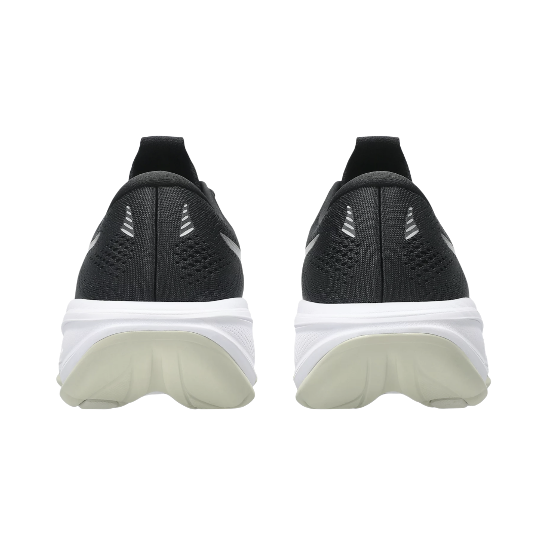 ASICS Women’s Gel-Cumulus 28 in Black/White rear heel view displaying the PureGEL™ cushioned heel, supportive heel counter, padded collar, reflective details, and durable AHAR™ LO heel reinforcement designed for shock absorption, stability, and enhanced visibility.