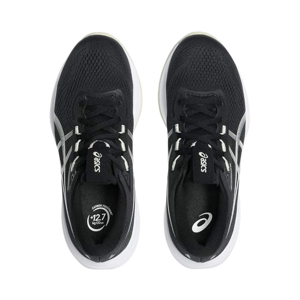 ASICS Women’s Gel-Cumulus 28 in Black/White top view showcasing the breathable engineered mesh upper, adjustable lace system, padded tongue and collar, OrthoLite™ X-30 sockliner, and comfortable interior designed for a secure fit, moisture management, and premium step-in comfort.
