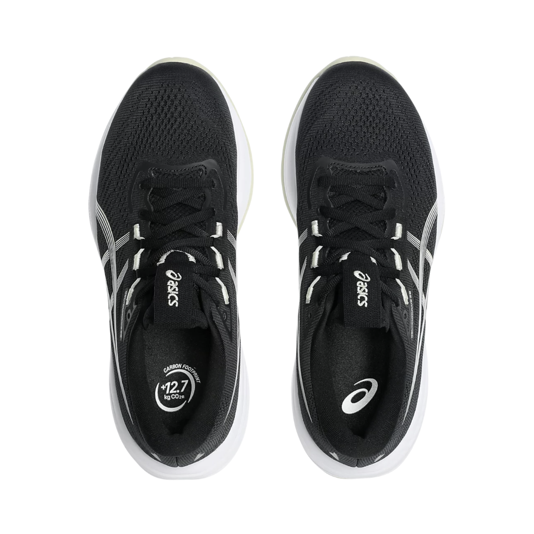 ASICS Women’s Gel-Cumulus 28 in Black/White top view showcasing the breathable engineered mesh upper, adjustable lace system, padded tongue and collar, OrthoLite™ X-30 sockliner, and comfortable interior designed for a secure fit, moisture management, and premium step-in comfort.