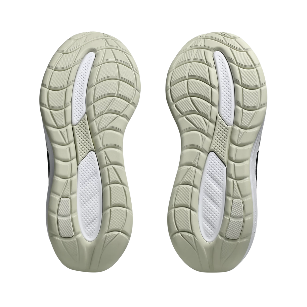 ASICS Women’s Gel-Cumulus 28 in Black/White bottom view featuring the FLUIDRIDE™ outsole with durable AHAR™ LO heel plug rubber and multi-directional traction pattern engineered to provide smooth heel-to-toe transitions, reliable grip, and long-lasting durability for everyday running and walking.