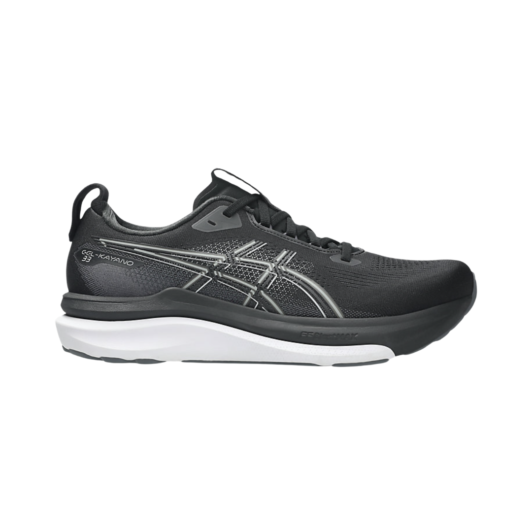 ASICS Men’s Gel-Kayano 33 in Black/White side view showcasing the engineered mesh upper, FF BLAST™ MAX and FF BLAST™ PLUSH cushioning, Rearfoot PureGEL™ technology, FLUIDSUPPORT™ stability system, and Hybrid ASICSGRIP™ outsole designed for premium stability, cushioned comfort, and everyday running performance.