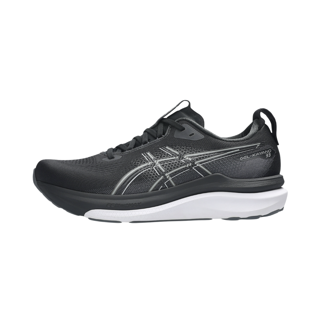 ASICS Men’s Gel-Kayano 33 in Black/White side view showcasing the engineered mesh upper, FF BLAST™ MAX and FF BLAST™ PLUSH cushioning, Rearfoot PureGEL™ technology, FLUIDSUPPORT™ stability system, and Hybrid ASICSGRIP™ outsole designed for premium stability, cushioned comfort, and everyday running performance.