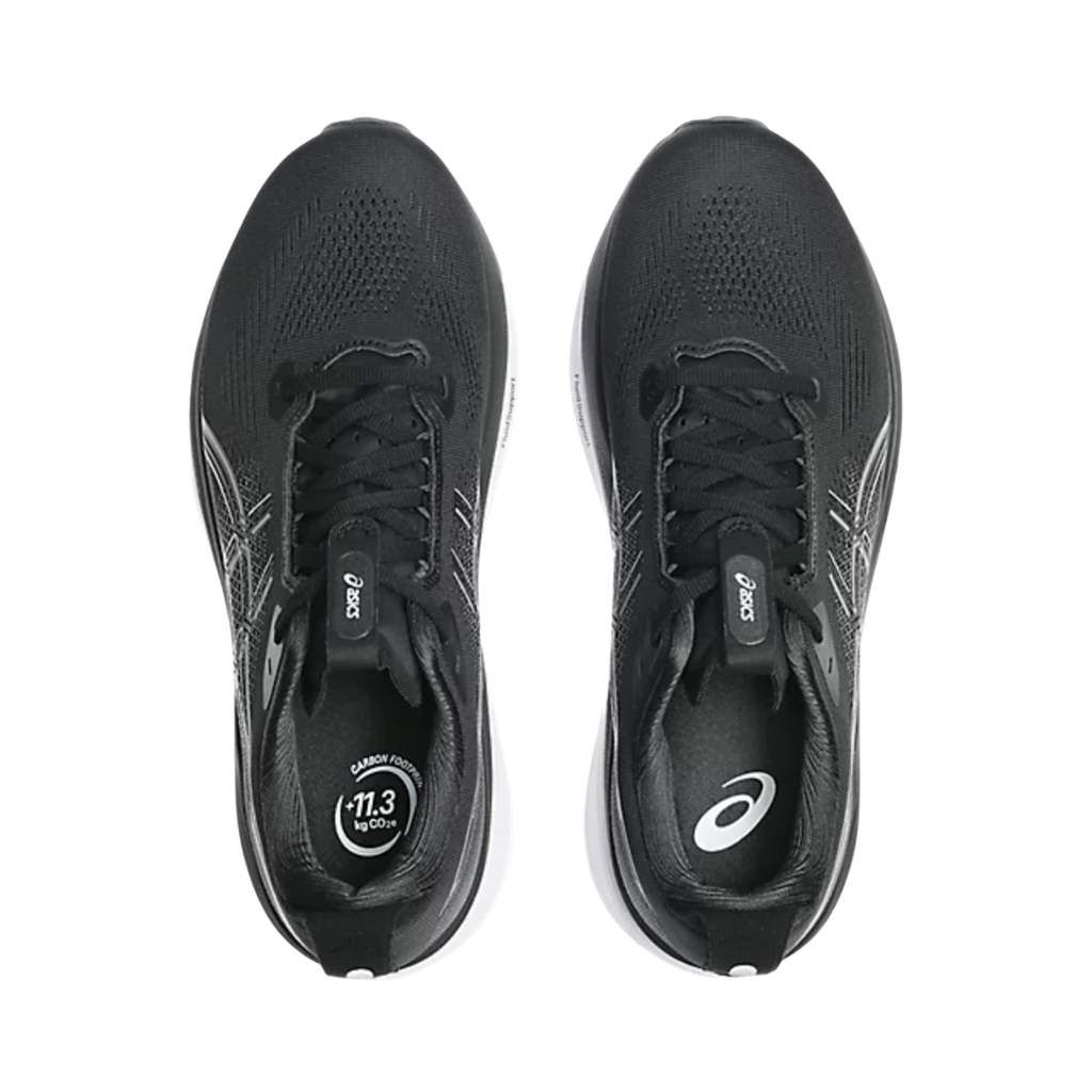 ASICS Men’s Gel-Kayano 33 in Black/White top view showcasing the breathable engineered mesh upper, adjustable lace system, padded tongue and collar, OrthoLite™ X-30 sockliner, and supportive interior designed for moisture management, step-in comfort, and a secure fit.