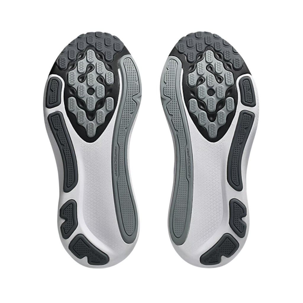 ASICS Men’s Gel-Kayano 33 in Black/White bottom view featuring the Hybrid ASICSGRIP™ outsole with durable multi-directional traction pattern engineered to provide exceptional grip, long-lasting durability, stability, and smooth transitions for everyday running and walking.