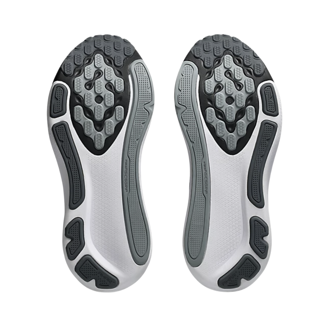 ASICS Men’s Gel-Kayano 33 in Black/White bottom view featuring the Hybrid ASICSGRIP™ outsole with durable multi-directional traction pattern engineered to provide exceptional grip, long-lasting durability, stability, and smooth transitions for everyday running and walking.