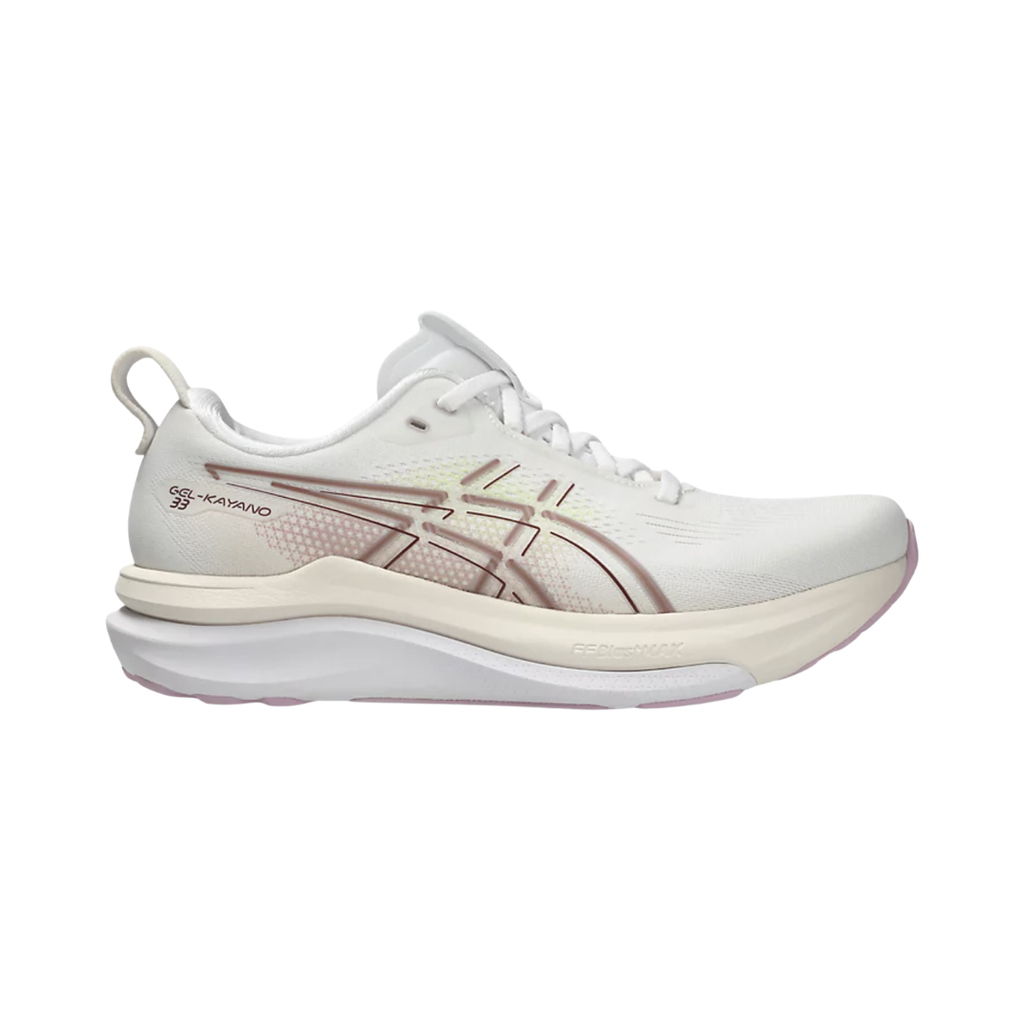 ASICS Women’s Gel-Kayano 33 in White/Hazy Lilac side view showcasing the breathable engineered mesh upper, FF BLAST™ MAX and FF BLAST™ PLUSH cushioning, Rearfoot PureGEL™ technology, FLUIDSUPPORT™ stability system, and Hybrid ASICSGRIP™ outsole designed for exceptional support, plush comfort, and everyday running performance.