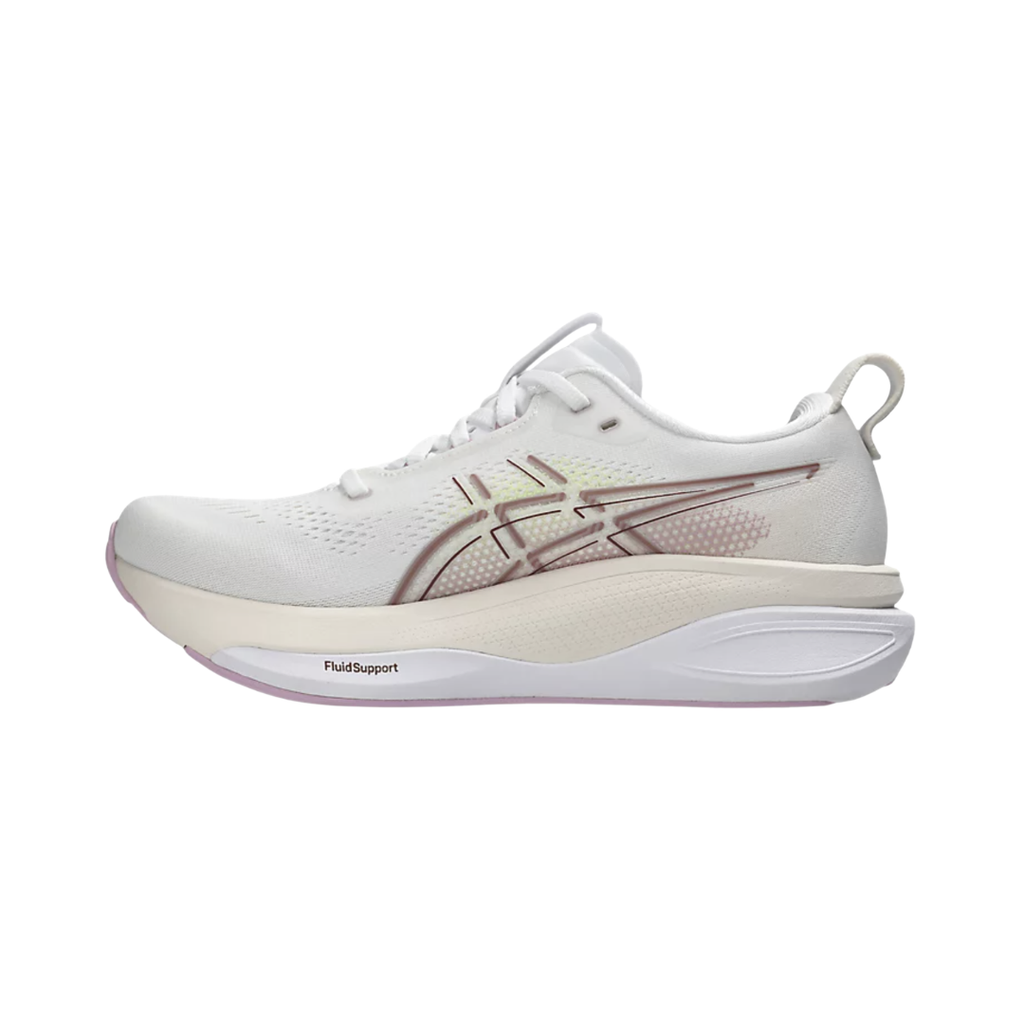 ASICS Women’s Gel-Kayano 33 in White/Hazy Lilac side view showcasing the breathable engineered mesh upper, FF BLAST™ MAX and FF BLAST™ PLUSH cushioning, Rearfoot PureGEL™ technology, FLUIDSUPPORT™ stability system, and Hybrid ASICSGRIP™ outsole designed for exceptional support, plush comfort, and everyday running performance.