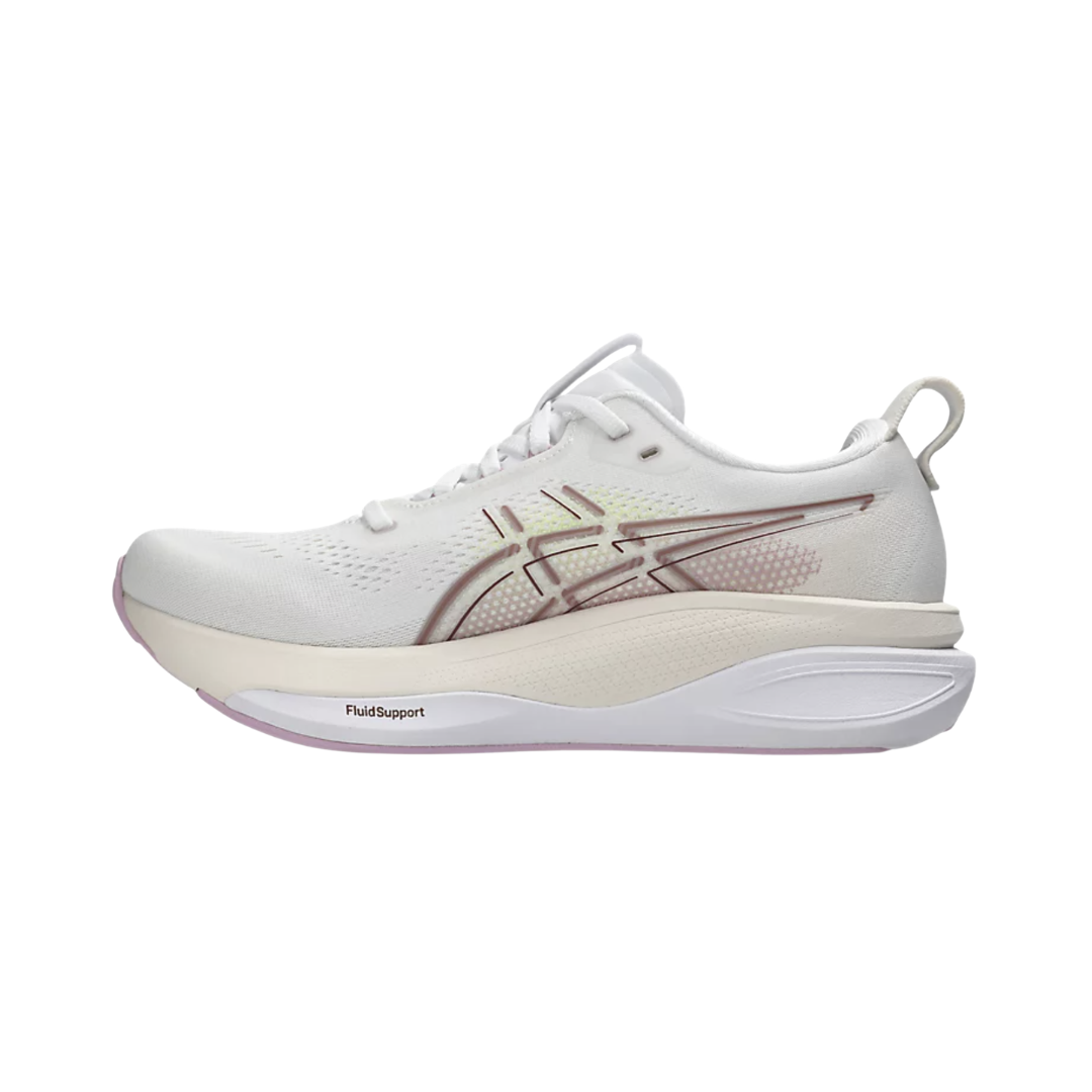 ASICS Women’s Gel-Kayano 33 in White/Hazy Lilac side view showcasing the breathable engineered mesh upper, FF BLAST™ MAX and FF BLAST™ PLUSH cushioning, Rearfoot PureGEL™ technology, FLUIDSUPPORT™ stability system, and Hybrid ASICSGRIP™ outsole designed for exceptional support, plush comfort, and everyday running performance.