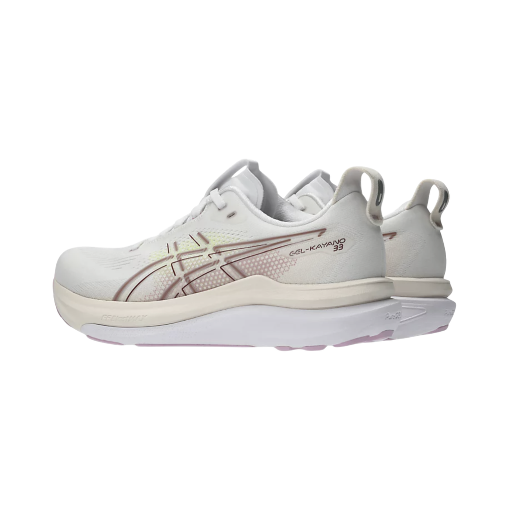 ASICS Women’s Gel-Kayano 33 in White/Hazy Lilac rear heel view displaying the Rearfoot PureGEL™ cushioning, supportive heel counter, padded collar, reflective details, and stable heel platform engineered for shock absorption, motion control, and smooth heel-to-toe transitions.
