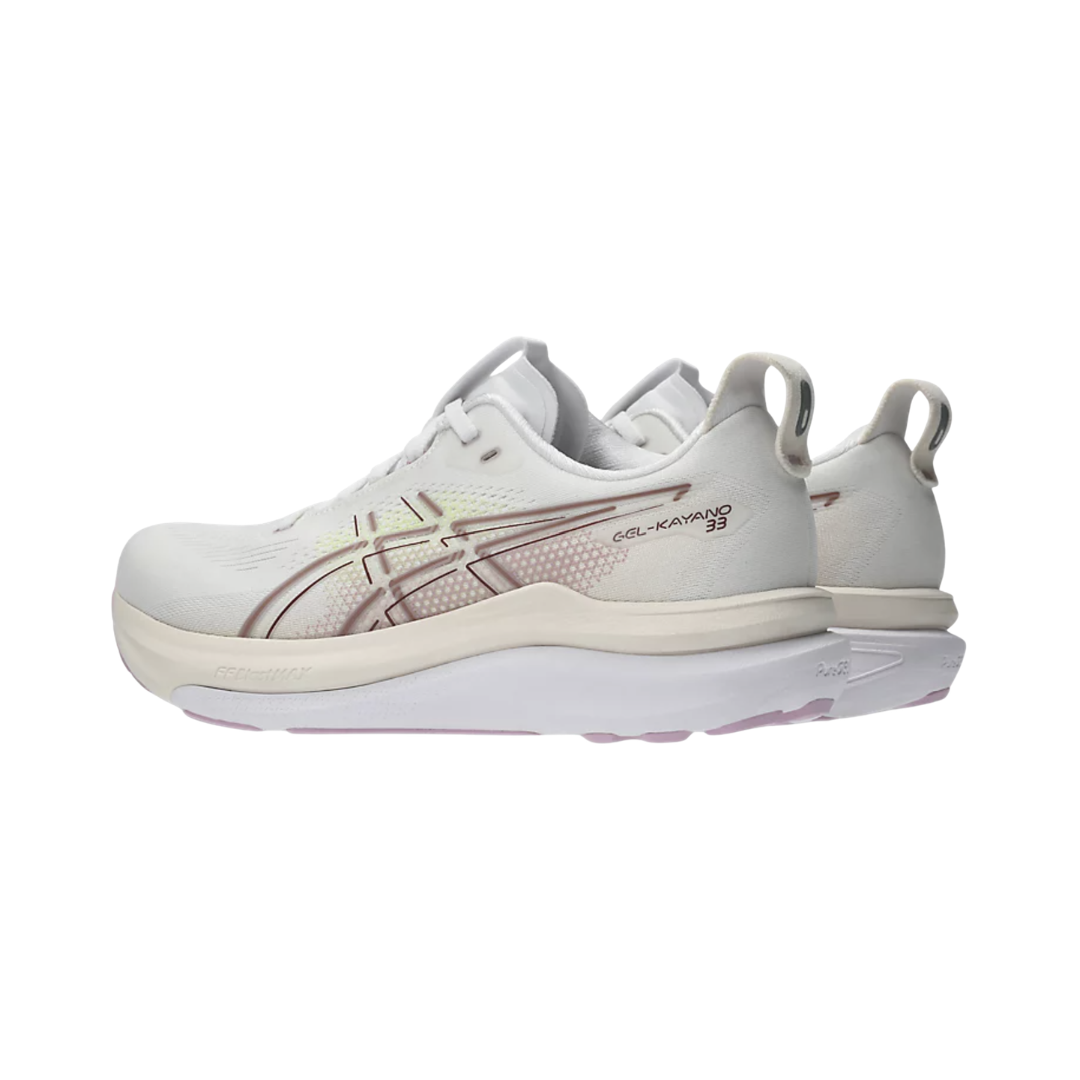 ASICS Women’s Gel-Kayano 33 in White/Hazy Lilac rear heel view displaying the Rearfoot PureGEL™ cushioning, supportive heel counter, padded collar, reflective details, and stable heel platform engineered for shock absorption, motion control, and smooth heel-to-toe transitions.