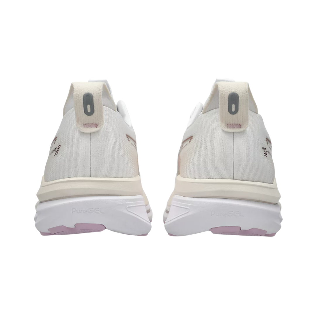 ASICS Women’s Gel-Kayano 33 in White/Hazy Lilac rear heel view displaying the Rearfoot PureGEL™ cushioning, supportive heel counter, padded collar, reflective details, and stable heel platform engineered for shock absorption, motion control, and smooth heel-to-toe transitions.