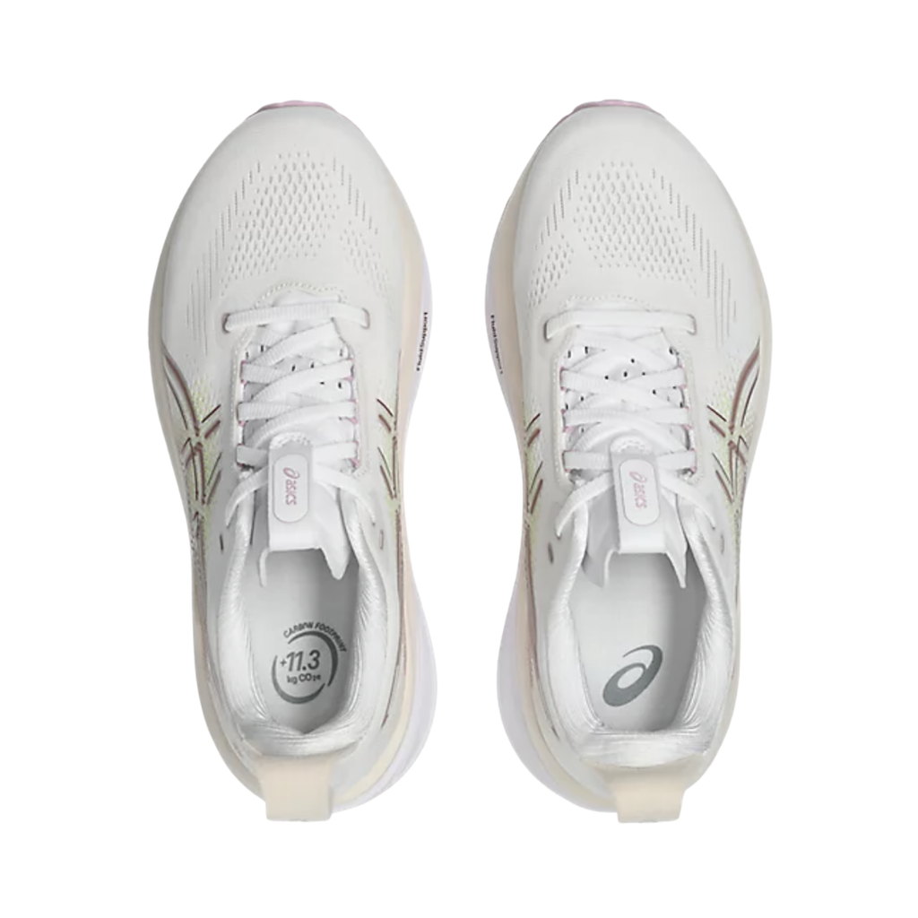 ASICS Women’s Gel-Kayano 33 in White/Hazy Lilac top view showcasing the lightweight engineered mesh upper, adjustable lace system, padded tongue and collar, OrthoLite™ X-30 sockliner, and supportive interior designed for moisture management, premium step-in comfort, and a secure fit.