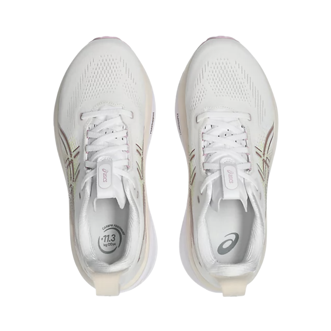 ASICS Women’s Gel-Kayano 33 in White/Hazy Lilac top view showcasing the lightweight engineered mesh upper, adjustable lace system, padded tongue and collar, OrthoLite™ X-30 sockliner, and supportive interior designed for moisture management, premium step-in comfort, and a secure fit.
