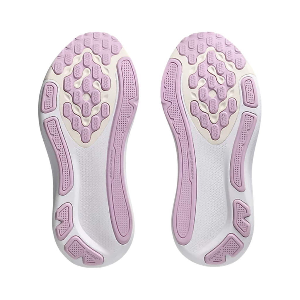 ASICS Women’s Gel-Kayano 33 in White/Hazy Lilac bottom view featuring the Hybrid ASICSGRIP™ outsole with durable multi-directional traction pattern engineered to provide dependable grip, long-lasting durability, enhanced stability, and smooth transitions for everyday running and walking.