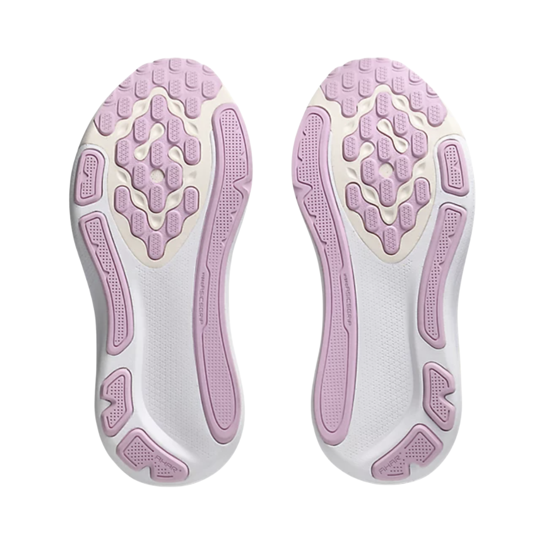 ASICS Women’s Gel-Kayano 33 in White/Hazy Lilac bottom view featuring the Hybrid ASICSGRIP™ outsole with durable multi-directional traction pattern engineered to provide dependable grip, long-lasting durability, enhanced stability, and smooth transitions for everyday running and walking.