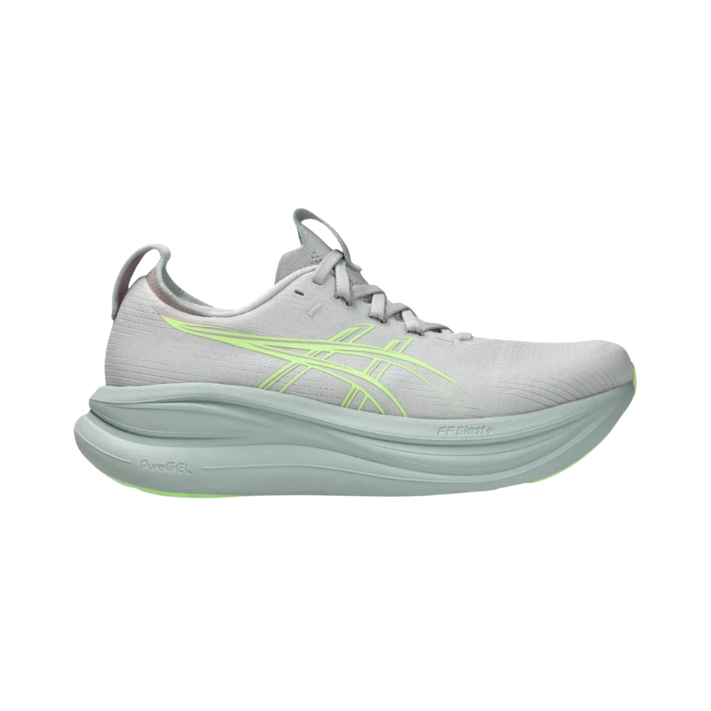 ASICS Women’s Gel-Nimbus 28 in Cloud Grey/Illuminate Green side view showcasing the engineered knit upper, PureGEL™ technology, FF BLAST™ PLUS cushioning, maximum cushioning platform, and HYBRID ASICSGRIP™ outsole designed for plush comfort, smooth transitions, and everyday running and walking.