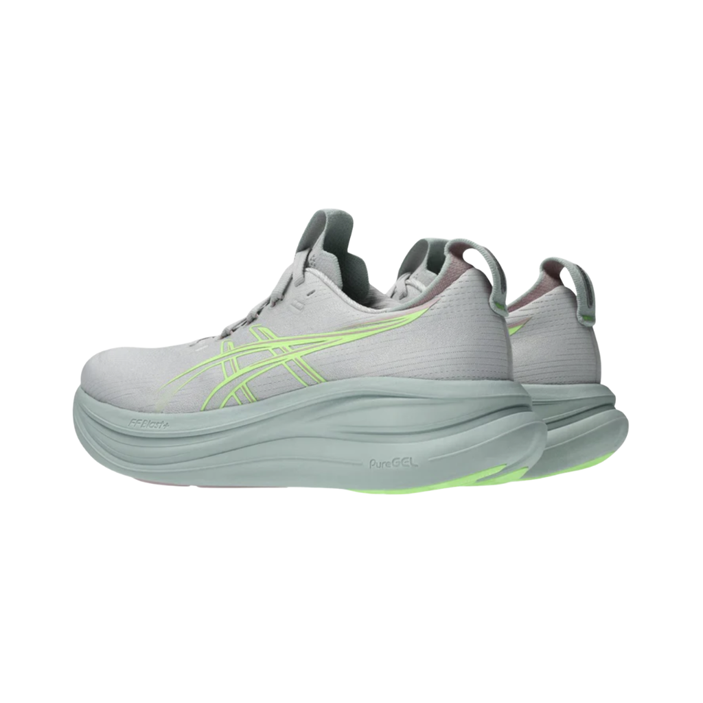 ASICS Women’s Gel-Nimbus 28 in Cloud Grey/Illuminate Green rear heel view displaying the PureGEL™ cushioned heel, supportive heel counter, padded collar, reflective details, and high-cushion heel platform engineered for superior shock absorption, stability, and smooth landings.