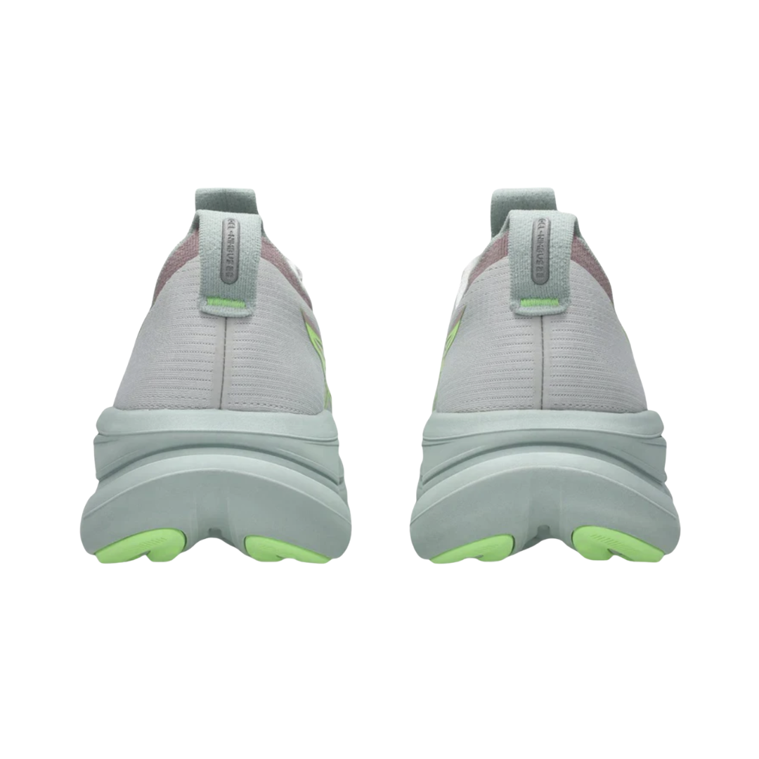 ASICS Women’s Gel-Nimbus 28 in Cloud Grey/Illuminate Green rear heel view displaying the PureGEL™ cushioned heel, supportive heel counter, padded collar, reflective details, and high-cushion heel platform engineered for superior shock absorption, stability, and smooth landings.