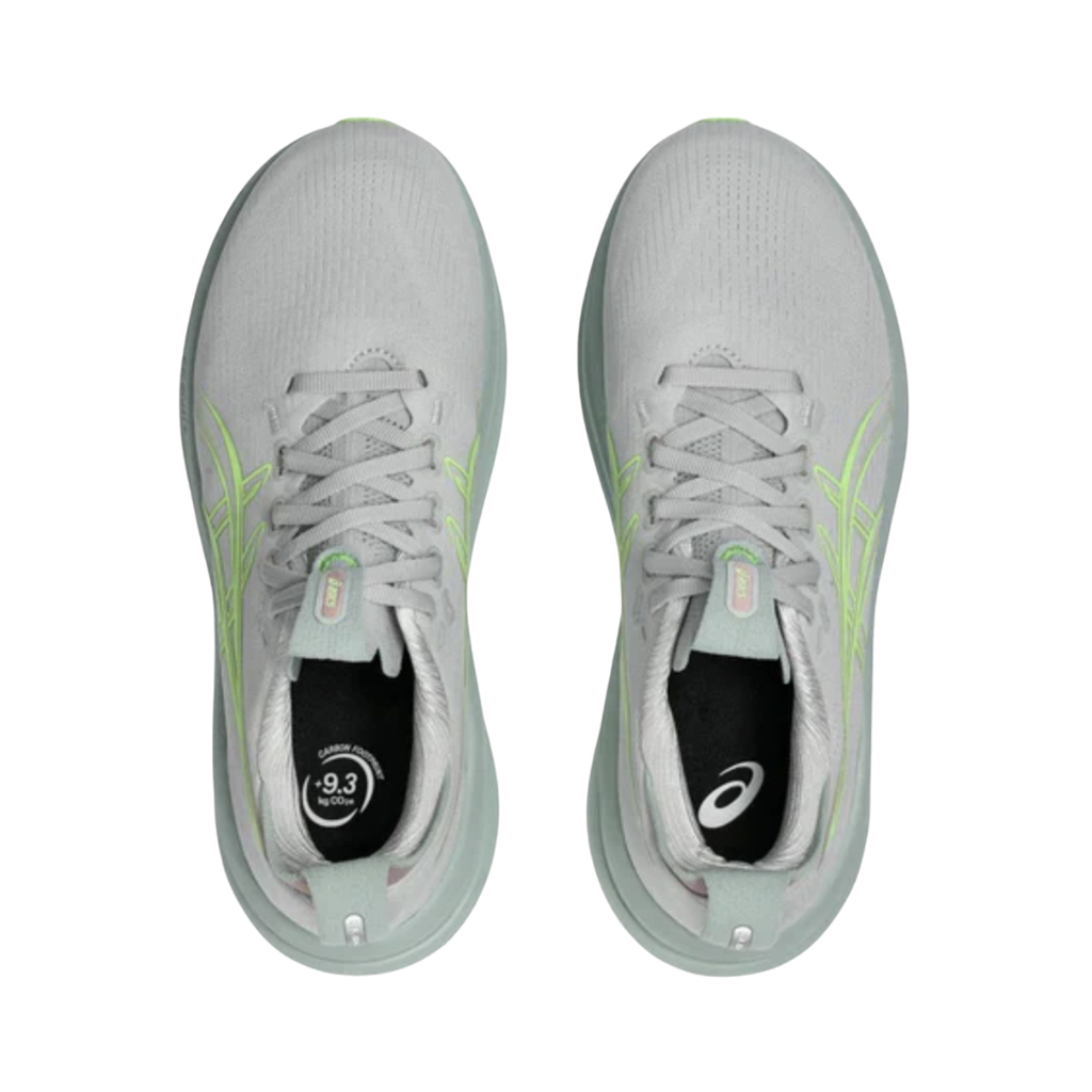 ASICS Women’s Gel-Nimbus 28 in Cloud Grey/Illuminate Green top view showcasing the adaptive engineered knit upper, adjustable lace system, padded tongue and collar, OrthoLite™ X-55 sockliner, and supportive interior designed for breathable comfort, moisture management, and a secure fit.