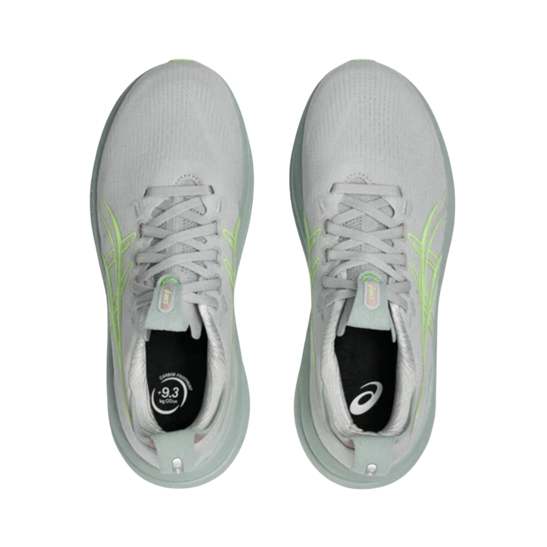 ASICS Women’s Gel-Nimbus 28 in Cloud Grey/Illuminate Green top view showcasing the adaptive engineered knit upper, adjustable lace system, padded tongue and collar, OrthoLite™ X-55 sockliner, and supportive interior designed for breathable comfort, moisture management, and a secure fit.