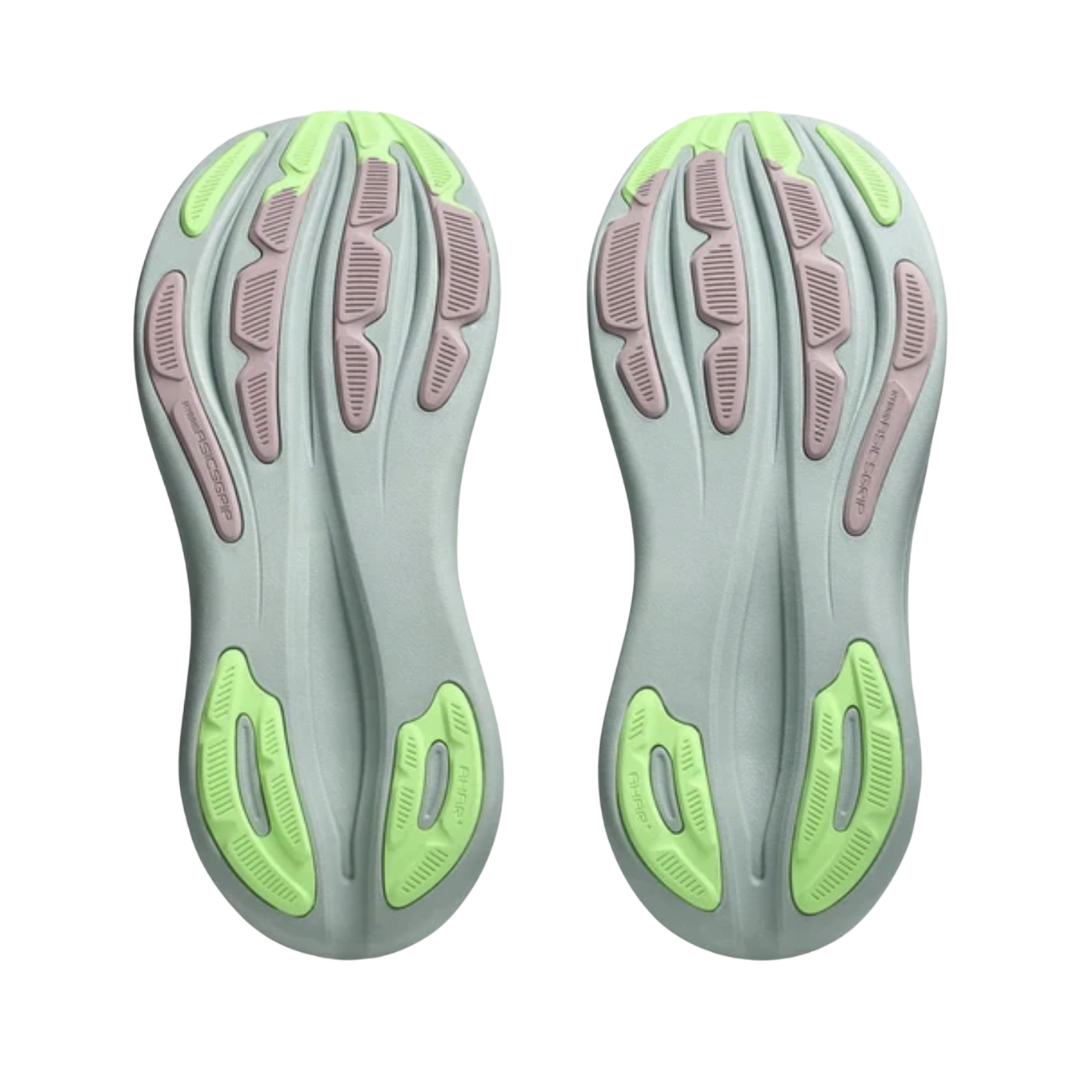ASICS Women’s Gel-Nimbus 28 in Cloud Grey/Illuminate Green bottom view featuring the HYBRID ASICSGRIP™ outsole with durable multi-directional traction pattern engineered to provide exceptional grip, flexibility, long-lasting durability, and smooth performance for everyday running and walking.