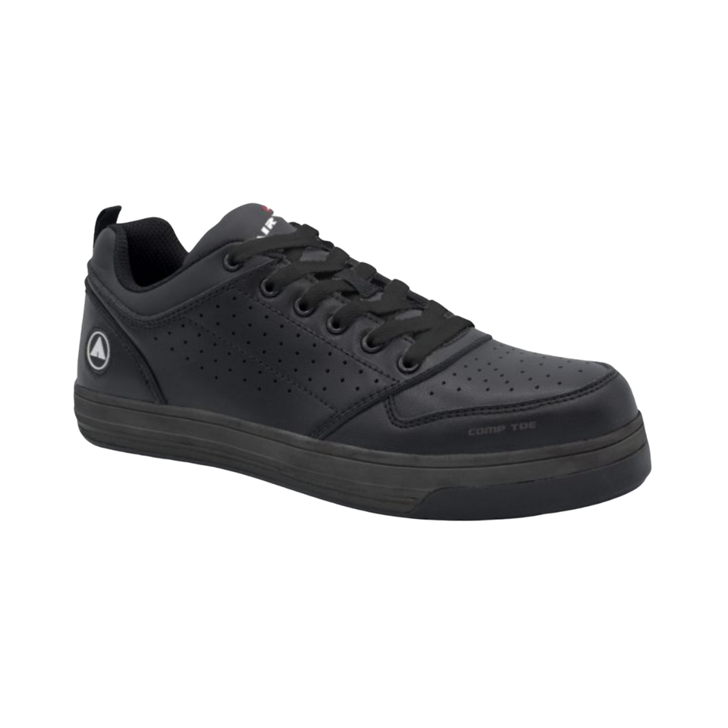 Airwalk Women's Arena Low Composite Toe shoe in Black side view featuring a breathable mesh and synthetic upper, lightweight athletic construction, composite safety toe protection, cushioned EVA midsole, and slip- & oil-resistant outsole designed for all-day workplace comfort and support.