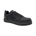 Airwalk Women's Arena Low Composite Toe shoe in Black side view featuring a breathable mesh and synthetic upper, lightweight athletic construction, composite safety toe protection, cushioned EVA midsole, and slip- & oil-resistant outsole designed for all-day workplace comfort and support.