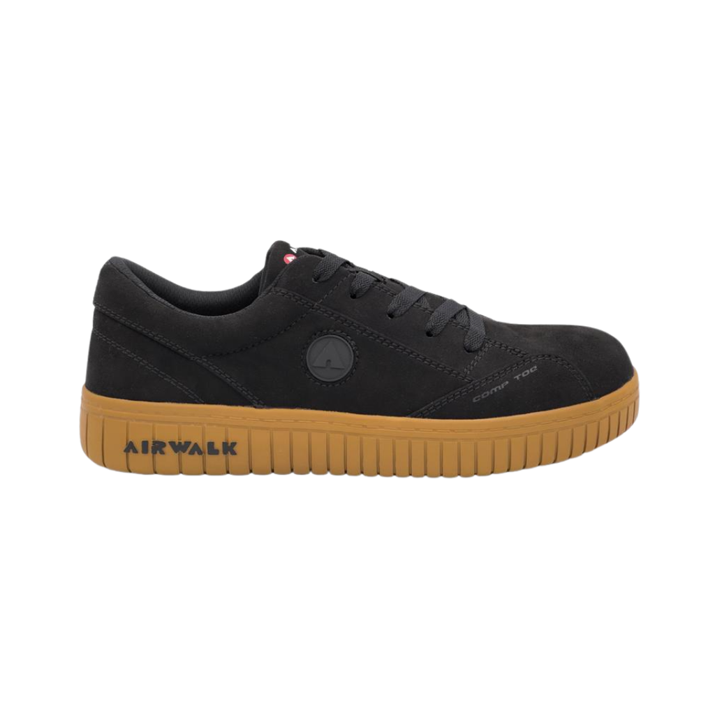 Airwalk Men's Camino Low Composite Toe safety shoe in Black/Gum side view featuring a durable synthetic upper, lightweight composite toe protection, cushioned midsole, and slip-resistant gum rubber outsole for dependable comfort and performance on the job.