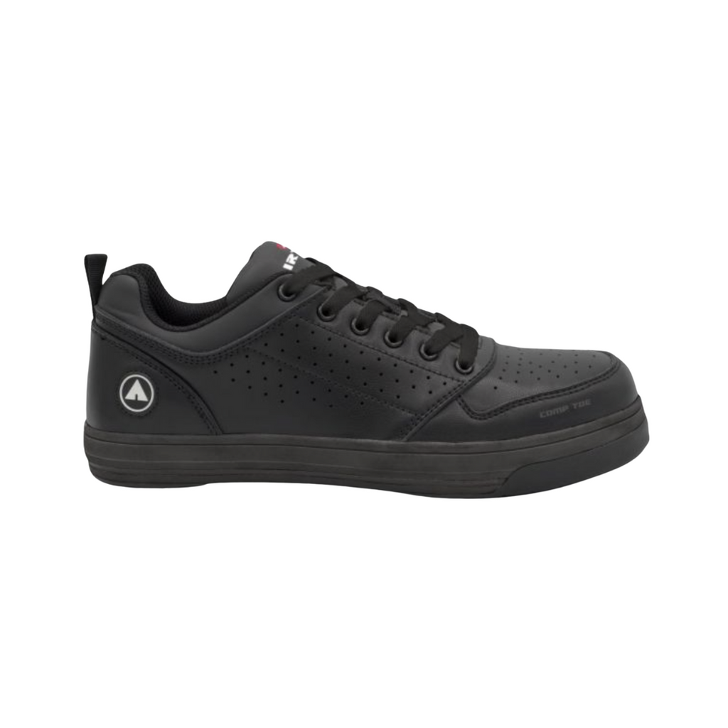 Airwalk Women's Arena Low Composite Toe shoe in Black side view featuring a breathable mesh and synthetic upper, lightweight athletic construction, composite safety toe protection, cushioned EVA midsole, and slip- & oil-resistant outsole designed for all-day workplace comfort and support.