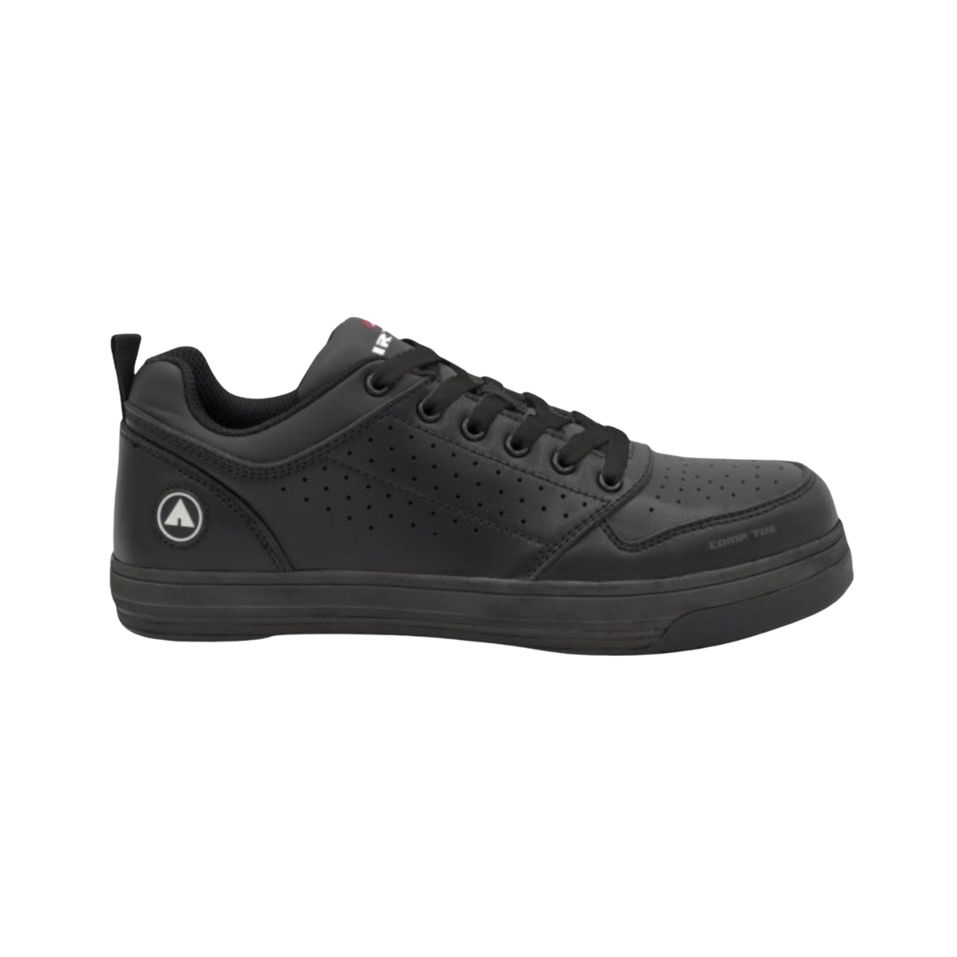 Airwalk Women's Arena Low Composite Toe shoe in Black side view featuring a breathable mesh and synthetic upper, lightweight athletic construction, composite safety toe protection, cushioned EVA midsole, and slip- & oil-resistant outsole designed for all-day workplace comfort and support.
