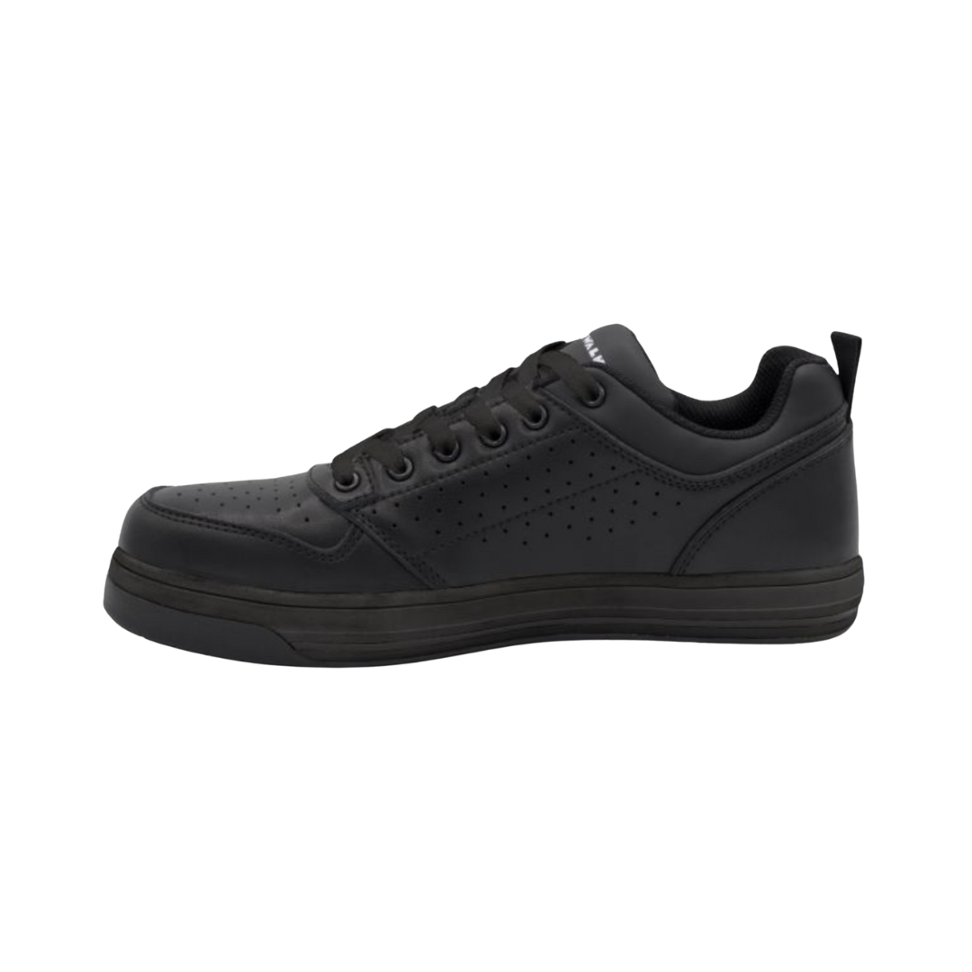 Airwalk Women's Arena Low Composite Toe shoe in Black side view featuring a breathable mesh and synthetic upper, lightweight athletic construction, composite safety toe protection, cushioned EVA midsole, and slip- & oil-resistant outsole designed for all-day workplace comfort and support.