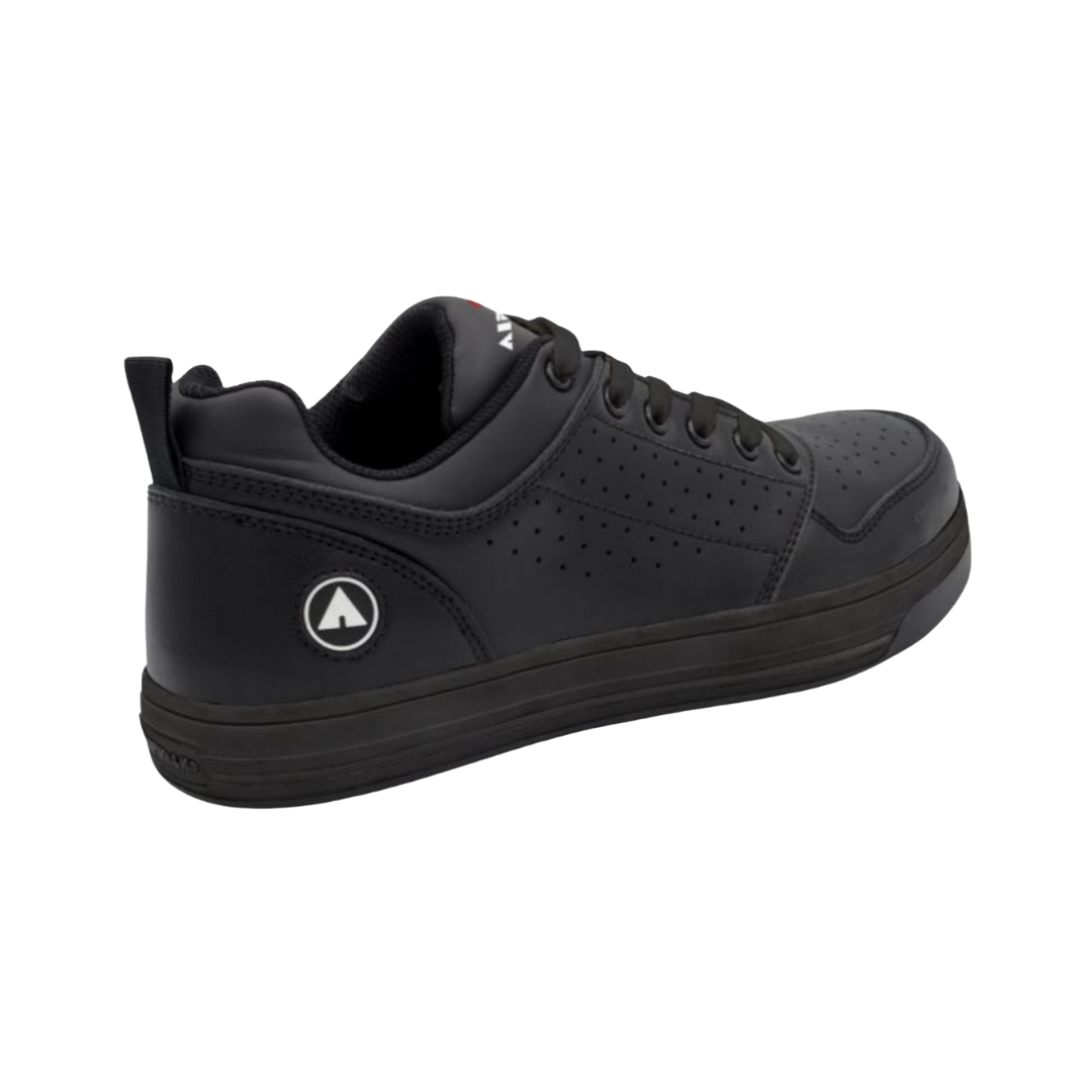 Airwalk Women's Arena Low Composite Toe shoe in Black rear heel view displaying the padded heel collar, supportive heel structure, cushioned interior lining, and durable slip-resistant outsole for added stability during long shifts.