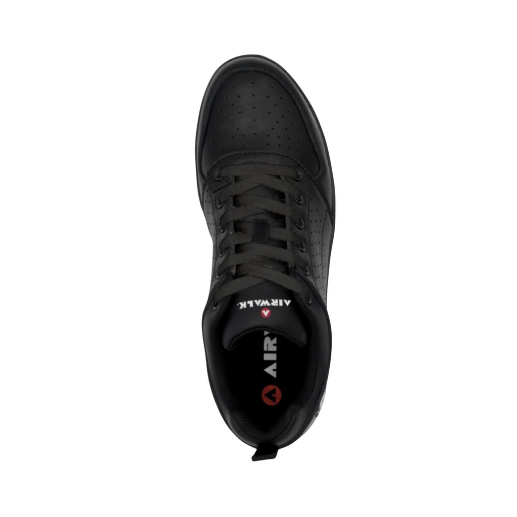 Airwalk Women's Arena Low Composite Toe shoe in Black top view showcasing the lace-up closure, breathable mesh and synthetic upper, padded tongue, and removable memory foam footbed designed for personalized comfort and pressure relief.