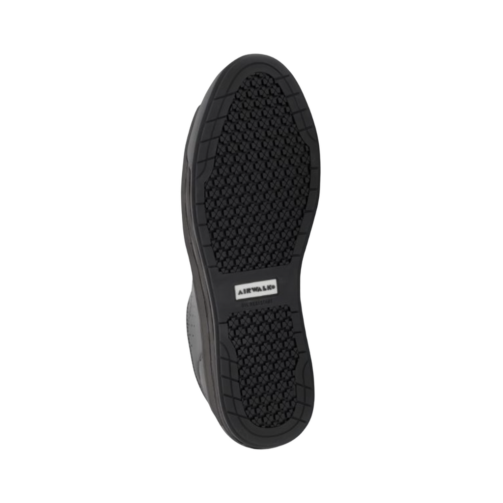 Airwalk Women's Arena Low Composite Toe shoe in Black bottom view featuring a slip- and oil-resistant rubber outsole with traction patterning engineered to provide dependable grip, stability, and workplace safety on slick and varied surfaces.