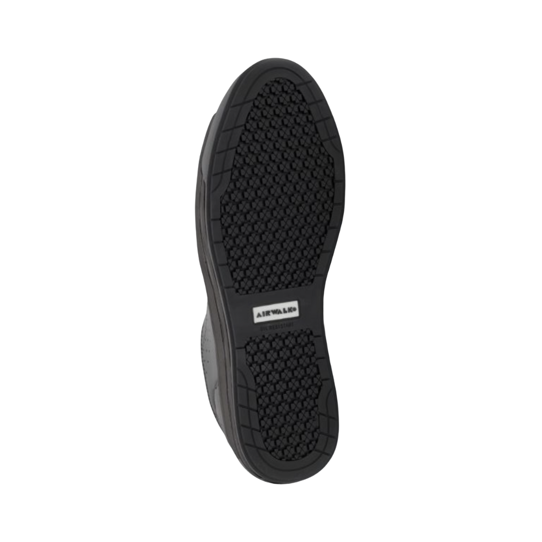 Airwalk Women's Arena Low Composite Toe shoe in Black bottom view featuring a slip- and oil-resistant rubber outsole with traction patterning engineered to provide dependable grip, stability, and workplace safety on slick and varied surfaces.